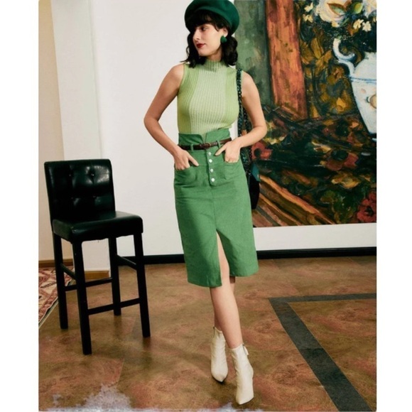 RIHOAS Chic Green The Buttoned Slit high-waisted front slit timeless Tube Skirt - Picture 1 of 12